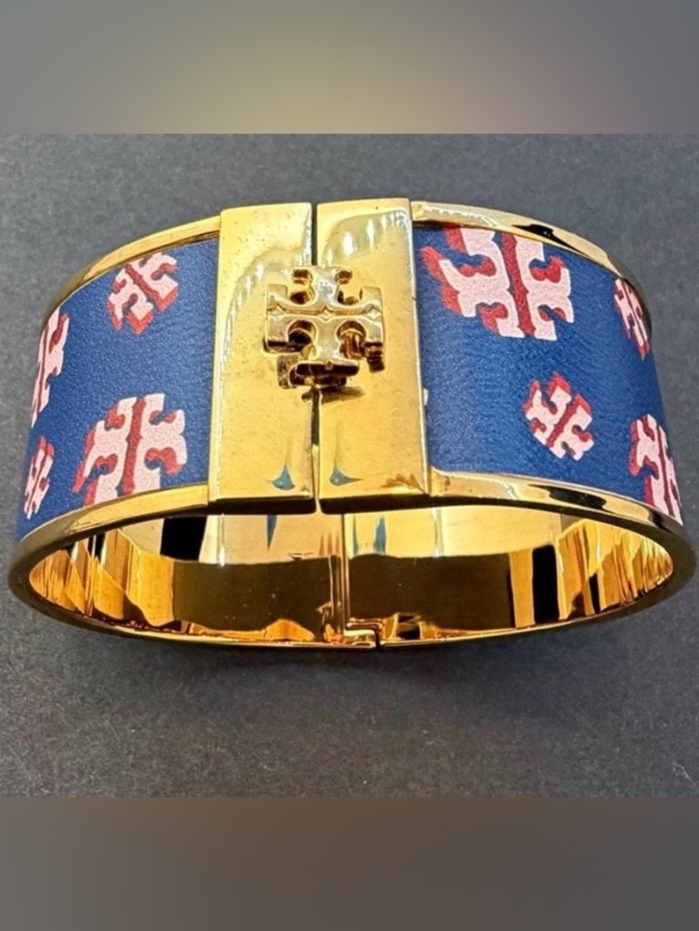 Tory Burch Gold-Tone Cuff Bracelet leather Print 
Clip Closure Like New